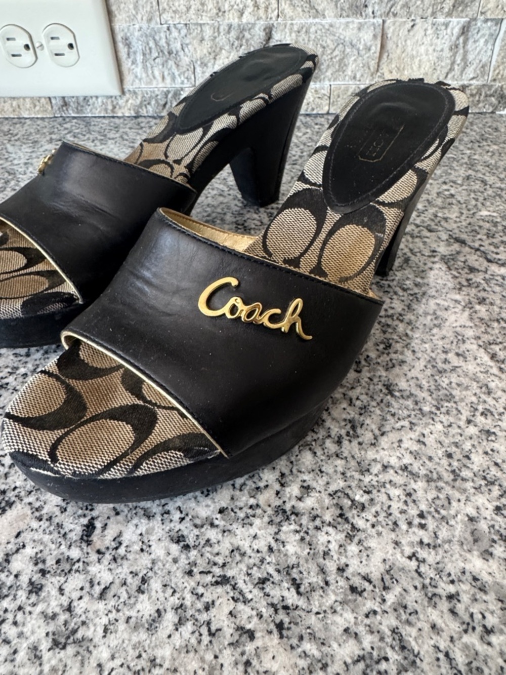 Coach Black Leather & Tan Signature Canvas Open-Toe Heeled Mules - Picture 7 of 7